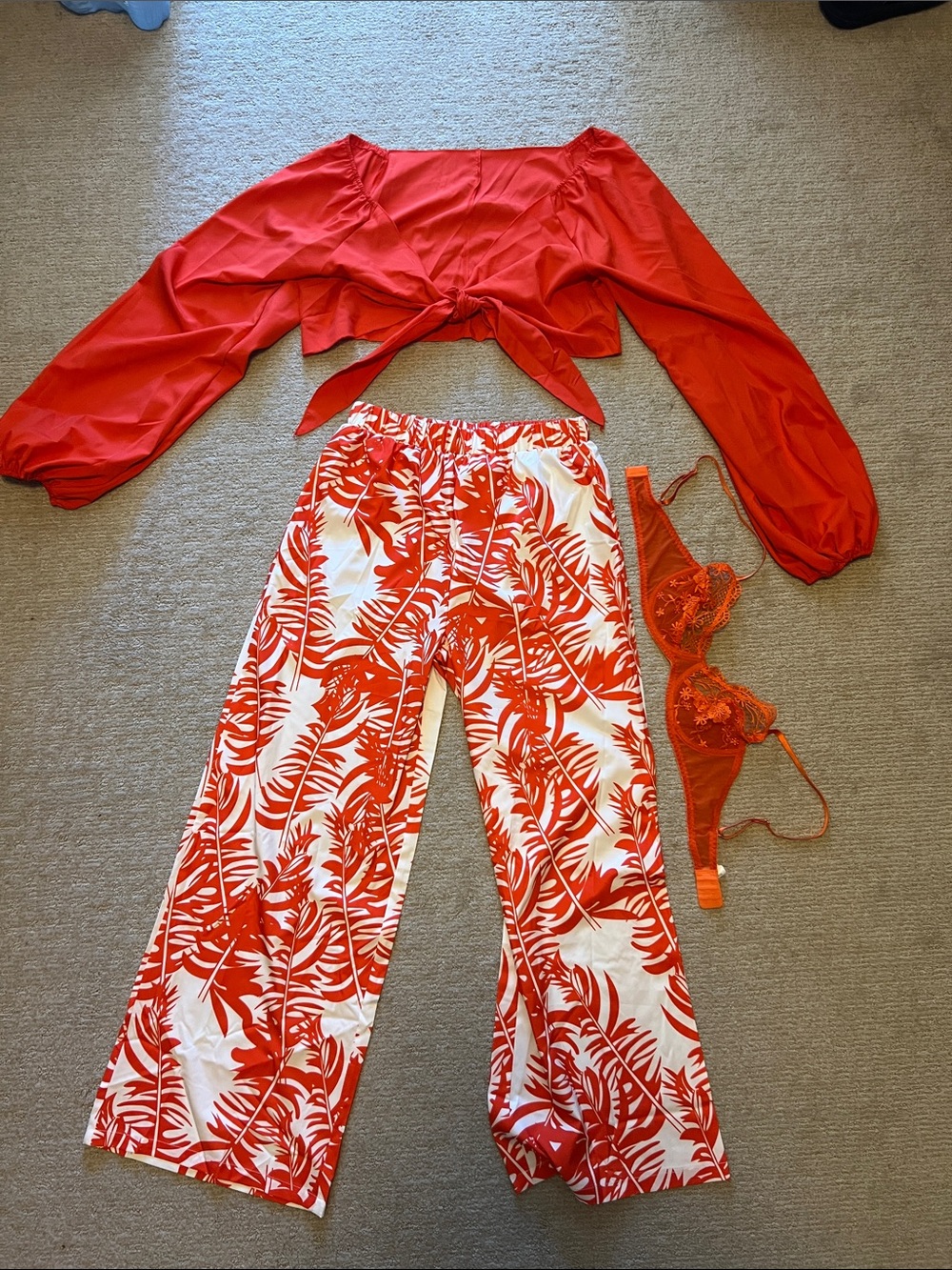 Orange Tropical Print Wide-Leg Pants and tie halter top.